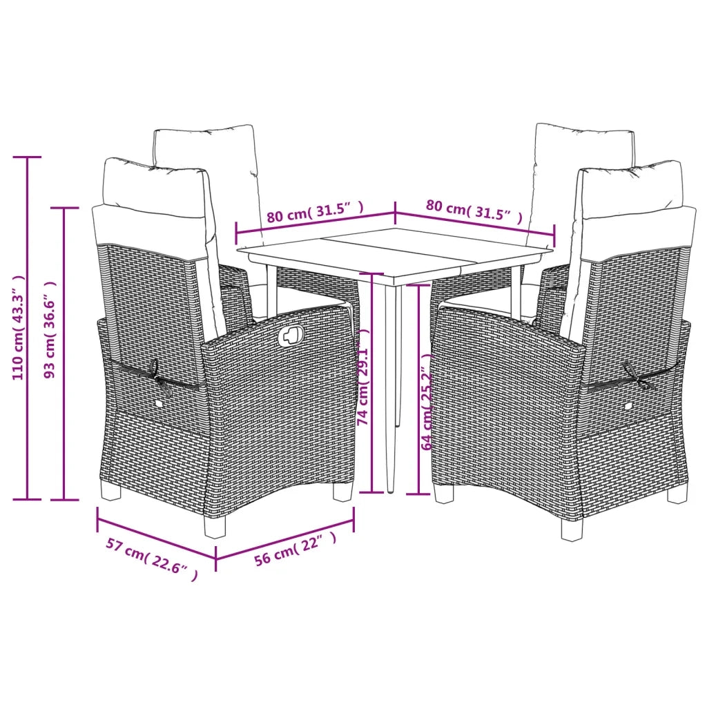 Set da Pranzo da Giardino 5pz con Cuscini in Polyrattan Marrone