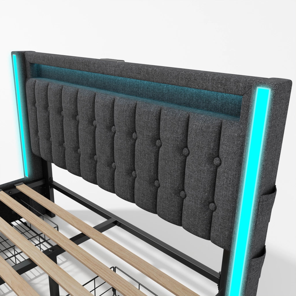 DESMIU Letto Contenitore 160 × 200 cm 2 Posti con 4 Cassetti, USB e Type-C, LED, senza materasso, in Lino, Grigio