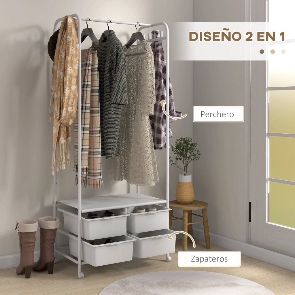 Appendiabiti con scaffale e cestini per scarpe ¨C Zephmum ¨C Bianco 63x37x153 cm