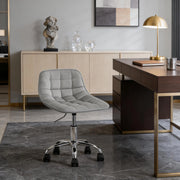 Sgabello girevole regolabile in velluto grigio chiaro con ruote, schienale ergonomico e base a 5 razze