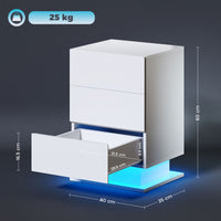 Comodino Moderno a 3 Cassetti con Luce LED 40x35x60 cm Regolabile con Telecomando in Truciolato Bianco Lucido