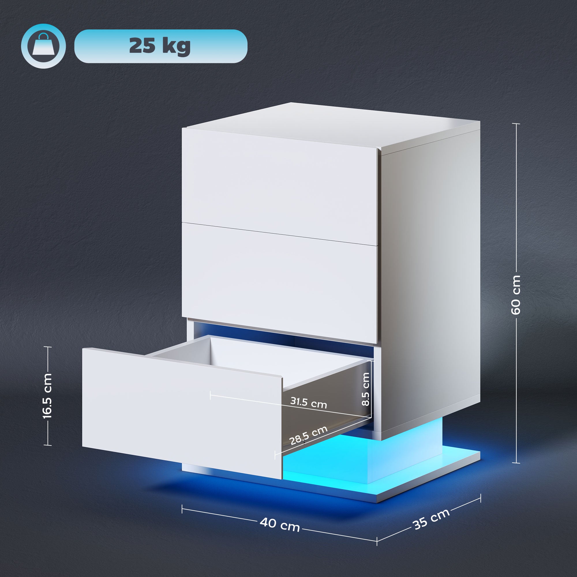 Comodino Moderno a 3 Cassetti con Luce LED 40x35x60 cm Regolabile con Telecomando in Truciolato Bianco Lucido