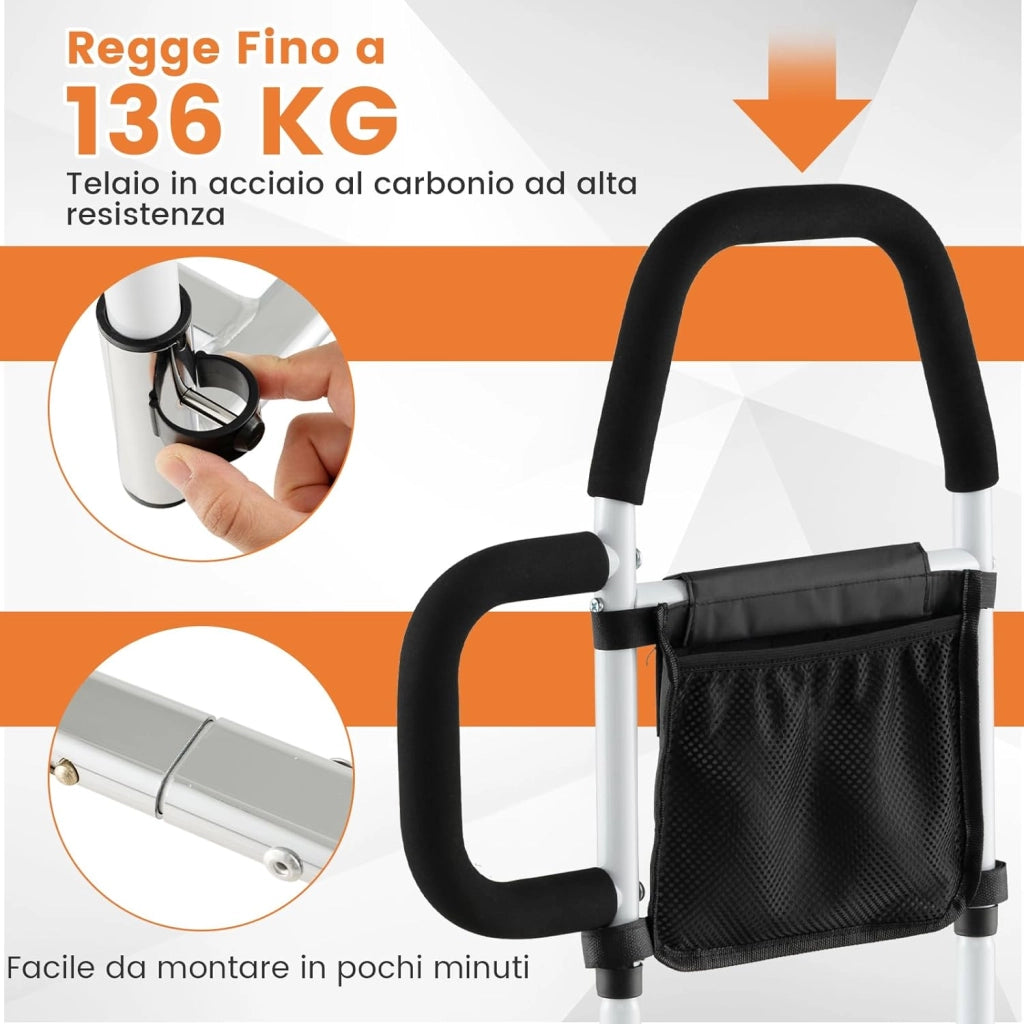 Sponda Letto Anziani Sicurezza Anticaduta, Doppia Impugnatura, Tasca Staccabile, Cinghia Fissaggio, Portata 136 kg, Facile Installazione, per Letti King/Queen (Modello 2)