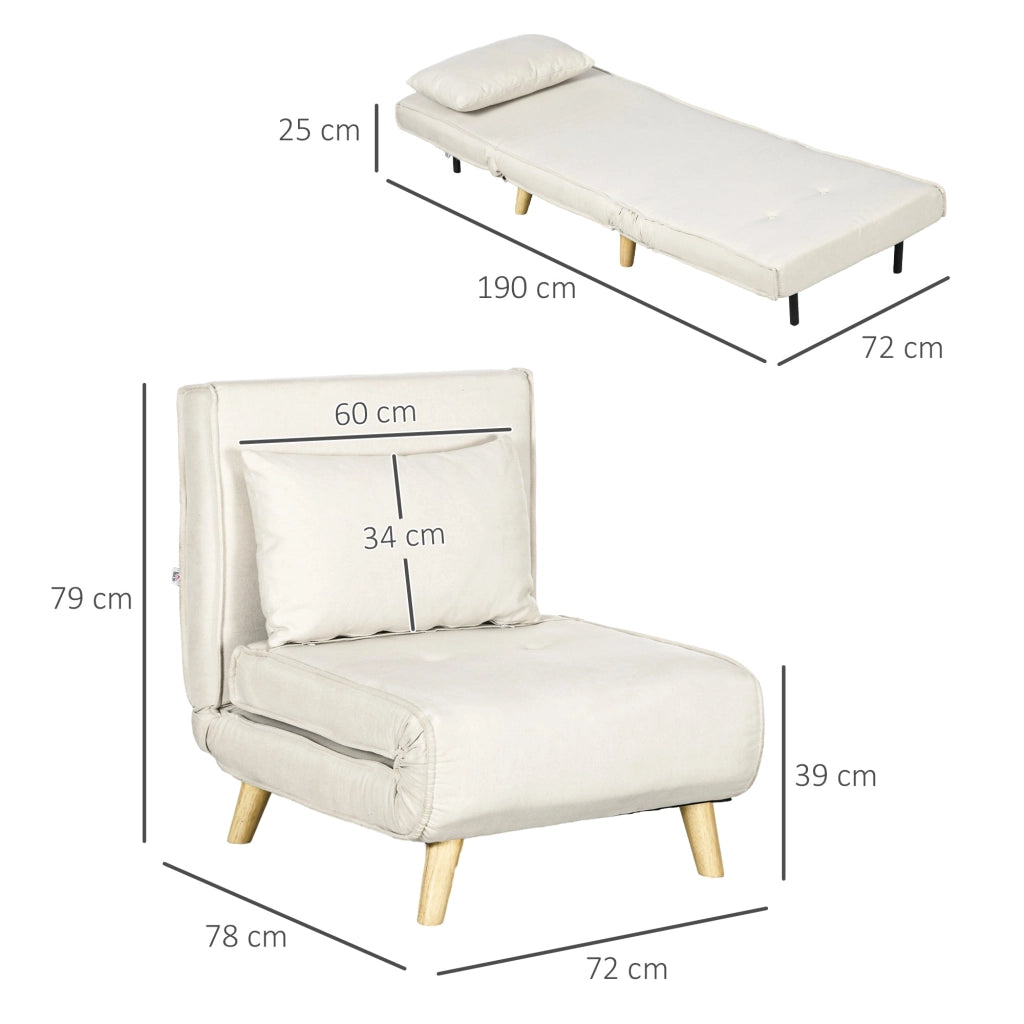 Poltrona Letto Singolo Reclinabile 72x78x79 cm con Cuscino in Tessuto Effetto Lino Beige