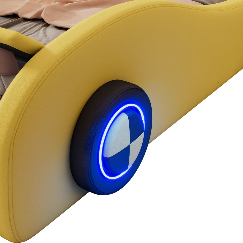 OKWISH Letto Bambino 90×200 cm, Letto Singolo con Ruote Luminose Regolabili e Vano Contenitore, senza Materasso, in PU, Giallo