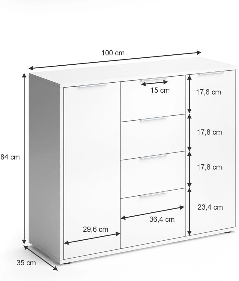 Cassettiera per camera da letto Leon, Bianco, 35 x 84 cm, adatto per riporre abiti e oggetti di uso quotidiano
