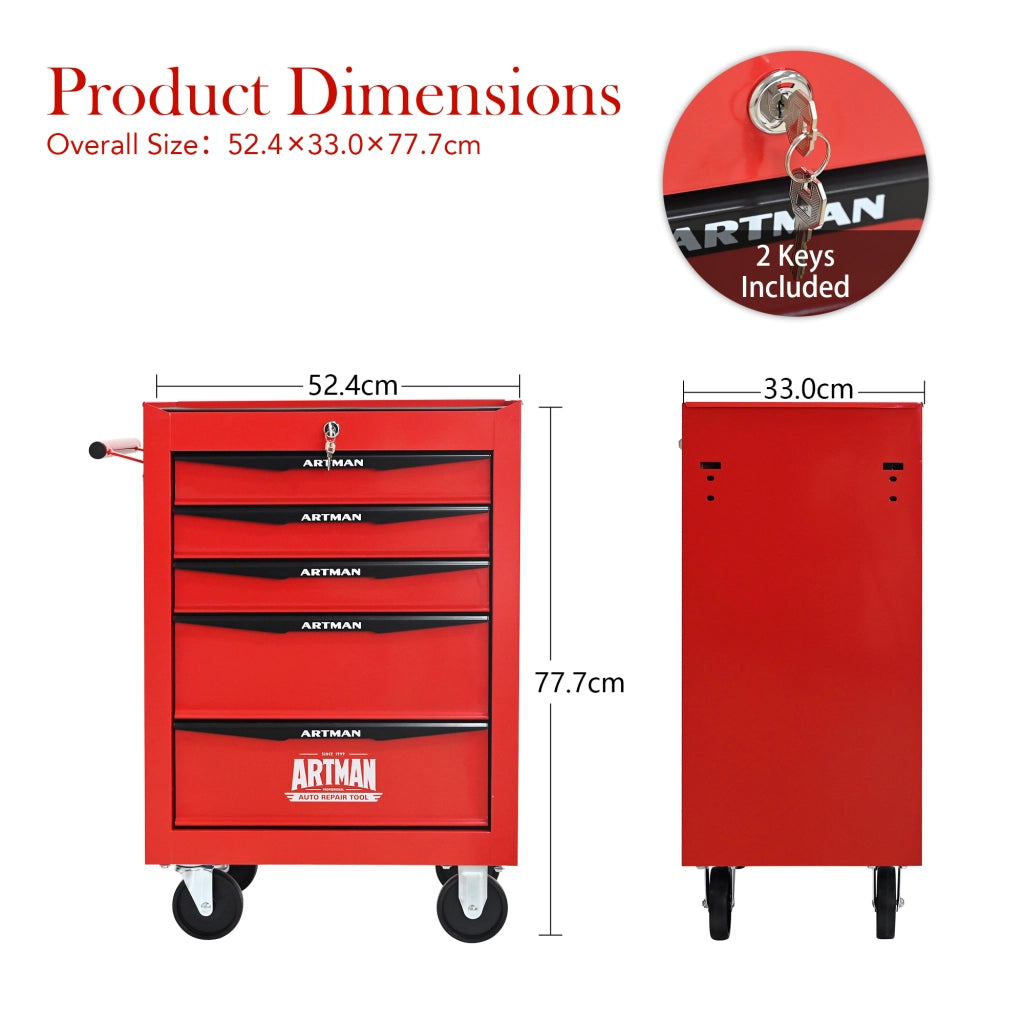 Carrello portautensili con 5 cassetti e ruote piroettanti, bloccabile, per garage, in acciaio, rosso nero 60 × 33 × 77,5 cm