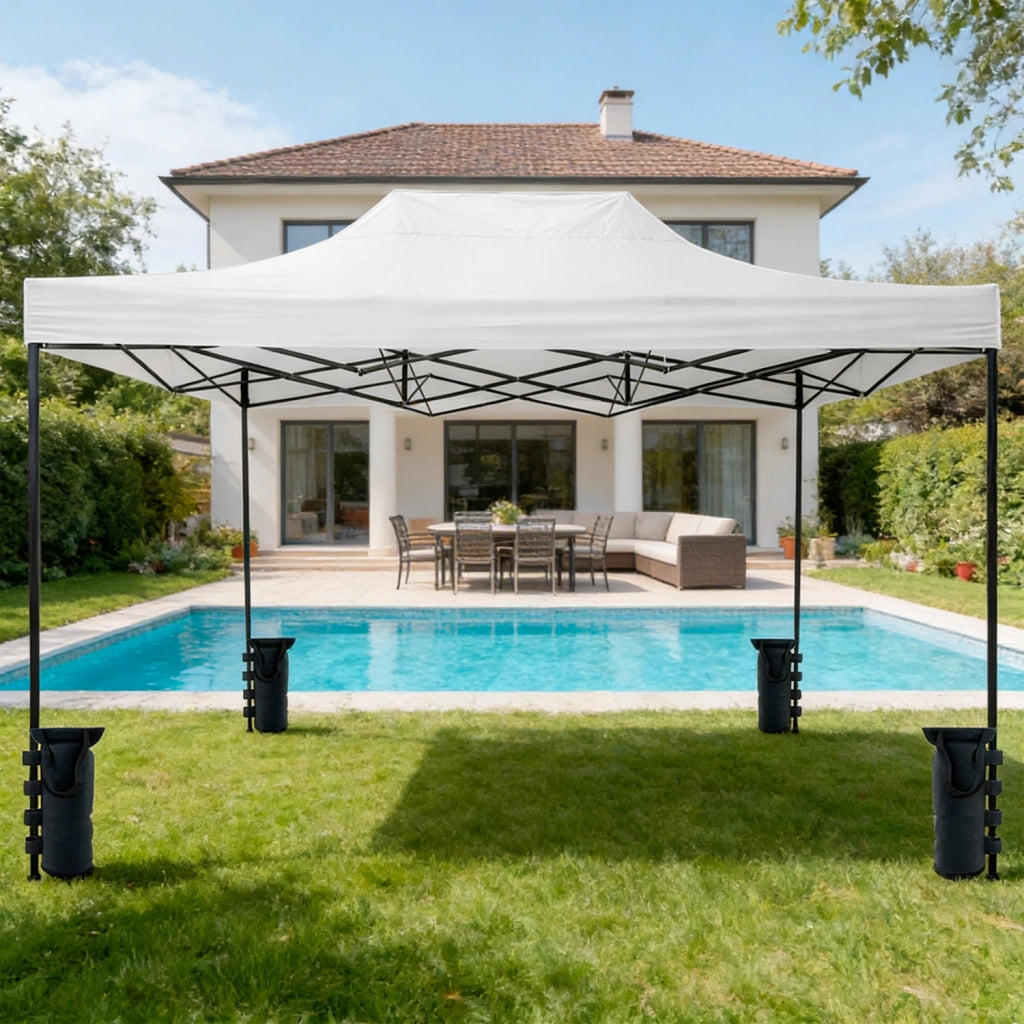 Gazebo Professionale Con Struttura A Fisarmonica Richiudibile Automatico In Acciaio E Telo Oxford 1200D PVC Impermeabile E Anti UV Dotato Di Sacche Zavorra E Borsa Trasporto Per Sagre Feste Eventi 3x4.5 M Bianco