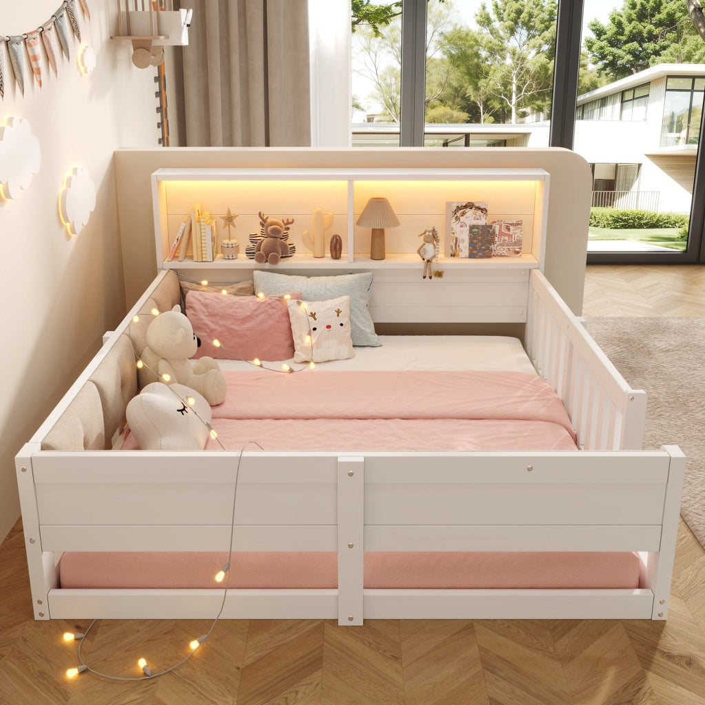 Letto per bambini 140x200 cm con sponde di sicurezza, contenitore integrato e LED