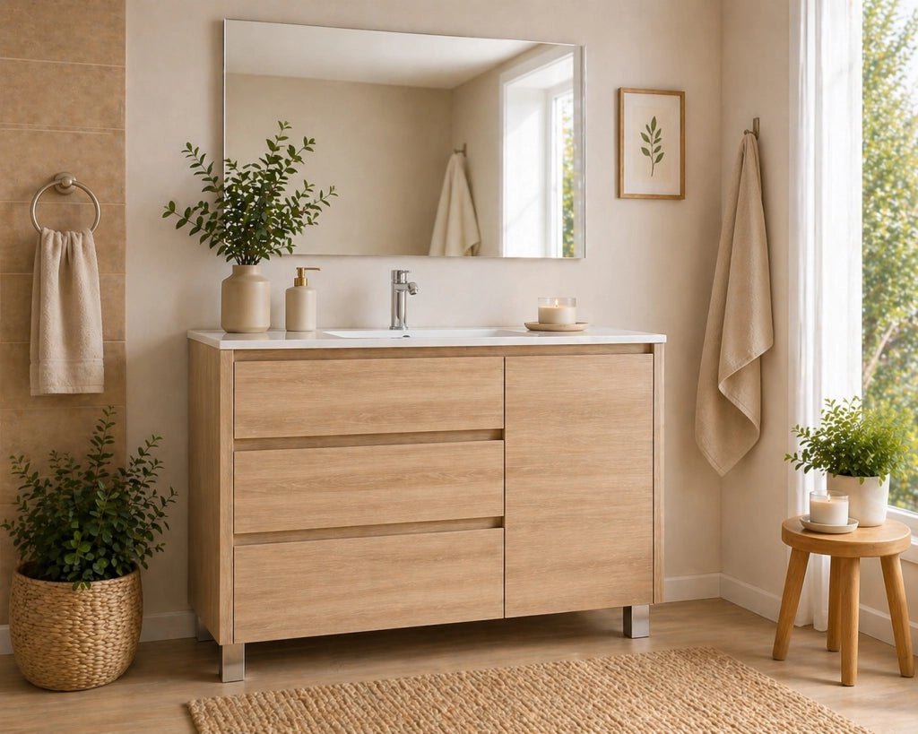 Mobile Bagno VOLUM Già Montato 3 cassetti e porta, lavabo e specchio Estepa 90x45 cm