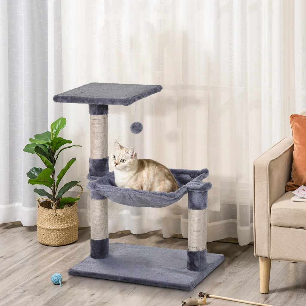 Tiragraffi per Gatti Multilivello con Amaca e Pallina, Legno e Peluche, 50x36x70cm, Grigio