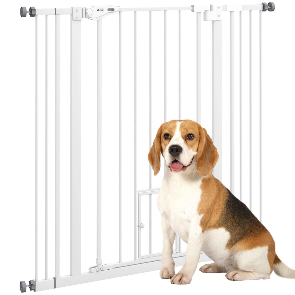 Cancellino per Cani Regolabile Alto con Porta Piccola e Chiusura Automatica, 74-101x104cm, Bianco