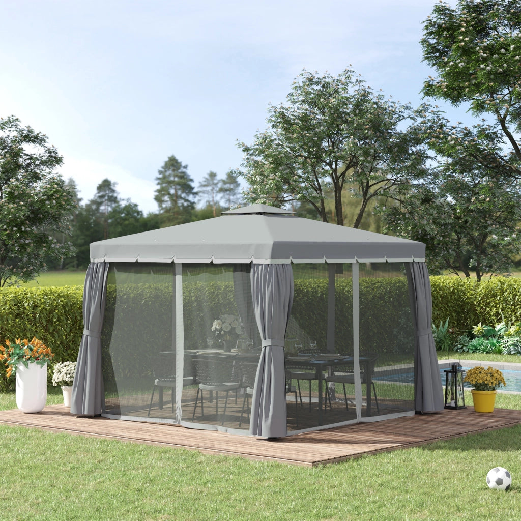 Padiglione Da Giardino – Doppio Tetto Con Zanzariera – 2,96 X 2,96 M – Alluminio – Grigio Scuro – Privacy E Ombra – 4 Tendaggi Rimovibili