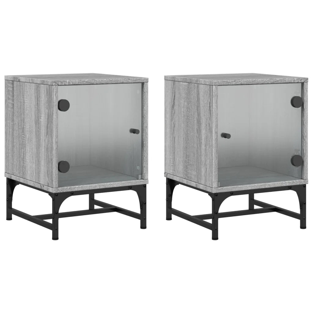 Comodini con Ante in Vetro 2pz-Set di 2 Tavolino da notte Grigio Sonoma 35x37x50 cm