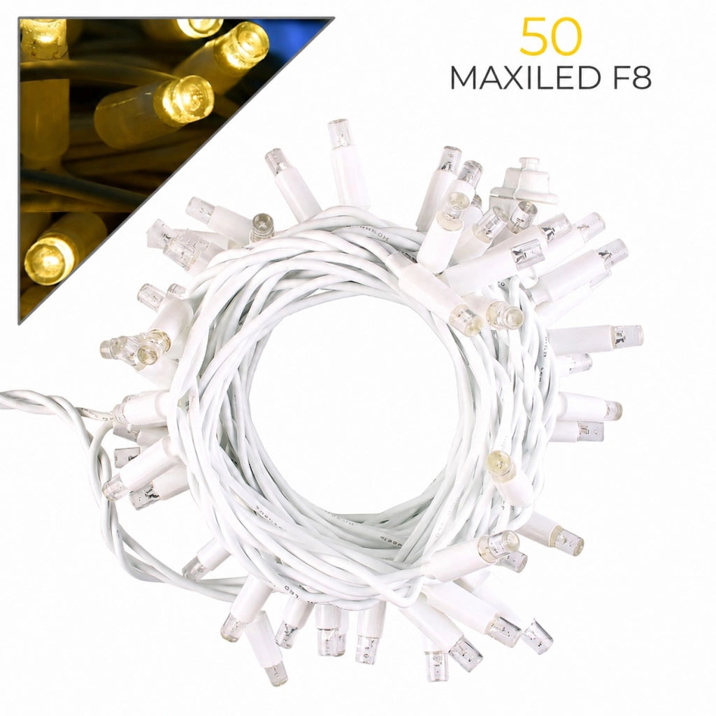 CATENA LUMINOSA PROFESSIONALE 50 MAXI LED CAVO BIANCO 5MT PROLUNGABILE FINO 200MT - LUCE CALDA FISSA E FLASH BIANCO PER ESTERNI E INTERNI