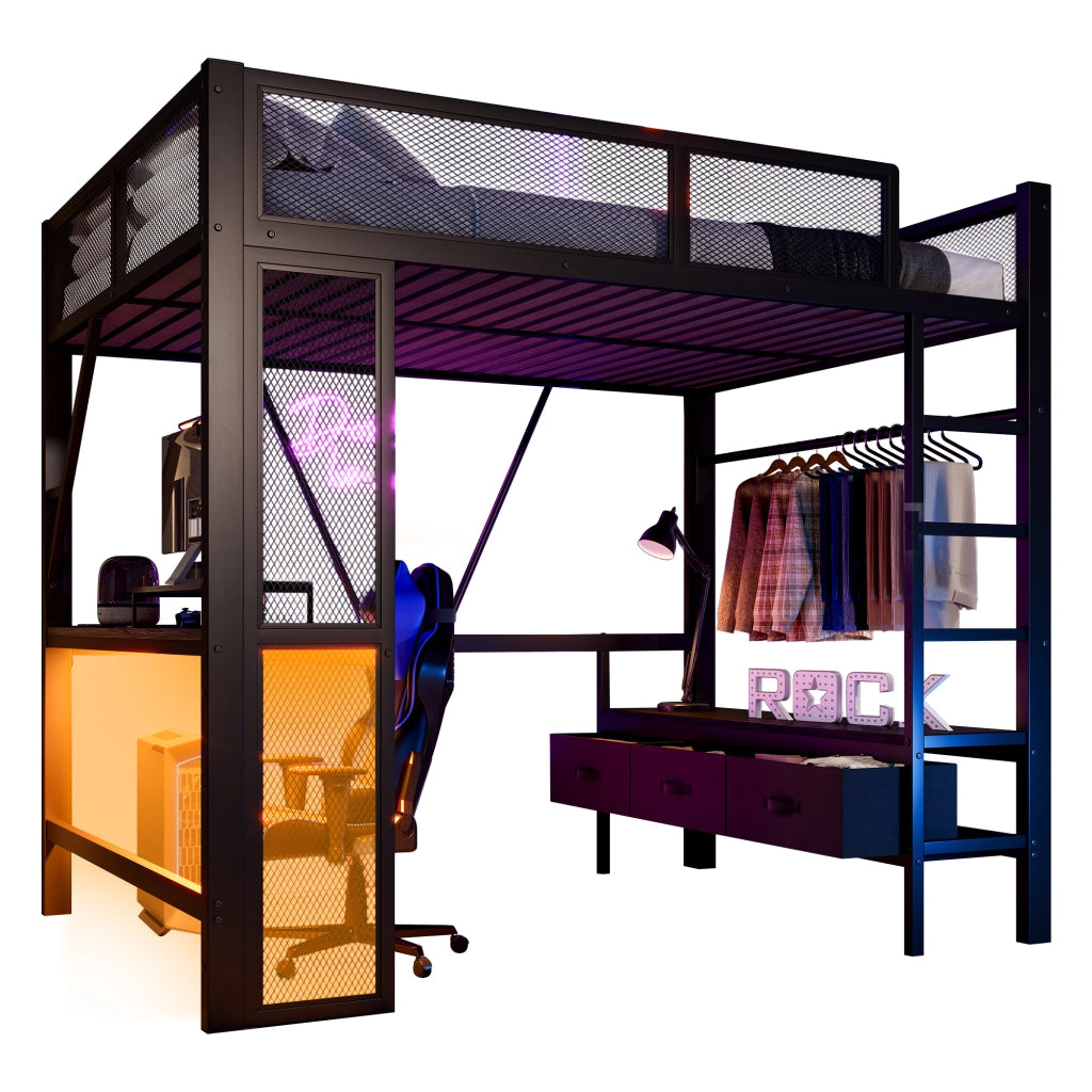 Letto a castello in metallo e MDF nero con scrivania LED USB e cassetti 140x200 cm
