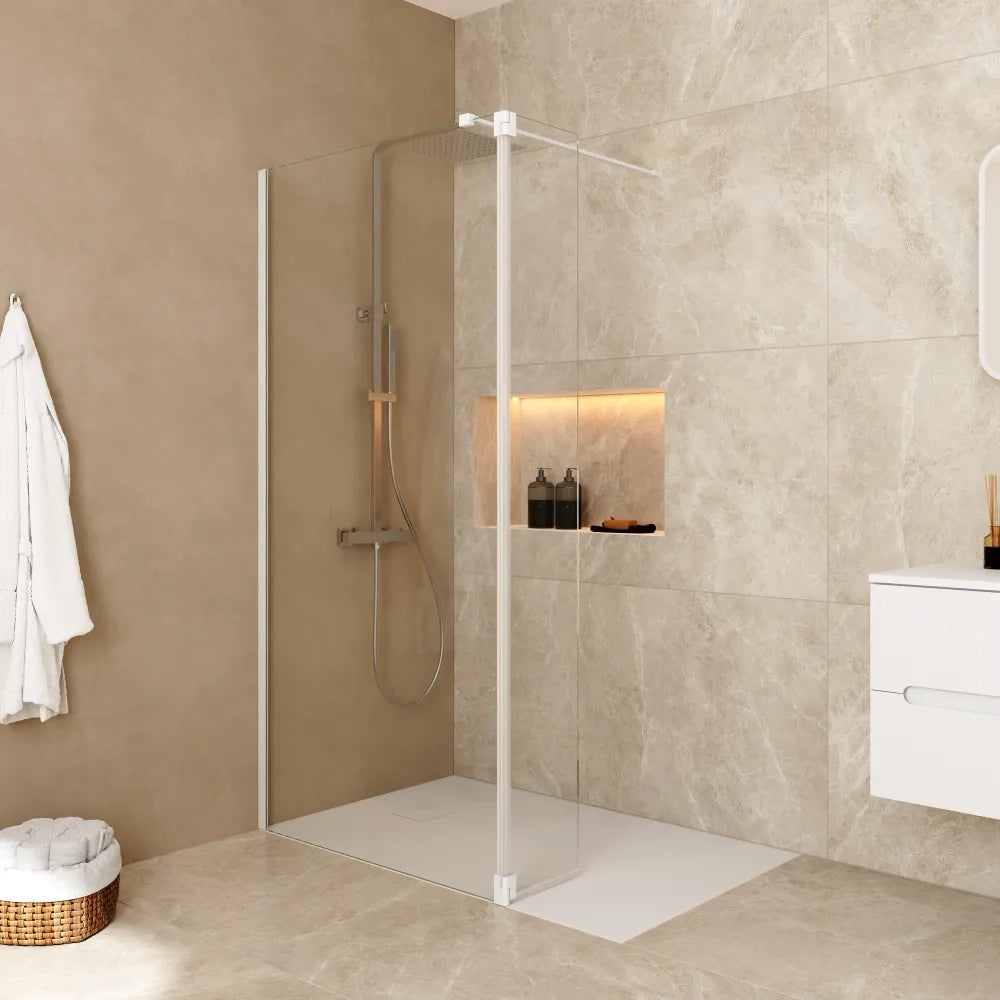Doccia walk-in 130cm + anta girevole 40cm vetro 8mm trasparente anticalcare profili bianchi h200 | Keros