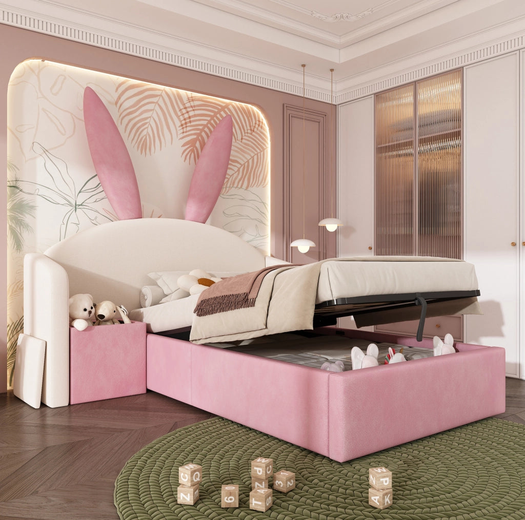 Letto singolo 90x200 cm in velluto con testiera imbottita; contenitore idraulico e comodino; beige e rosa