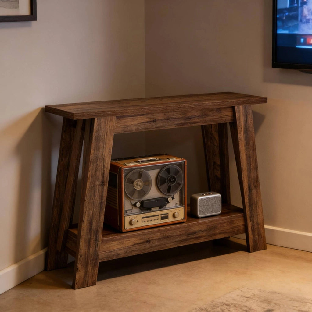 Tavolo consolle rustico 2 ripiani aperti 105x30x80 cm in legno marrone rustico