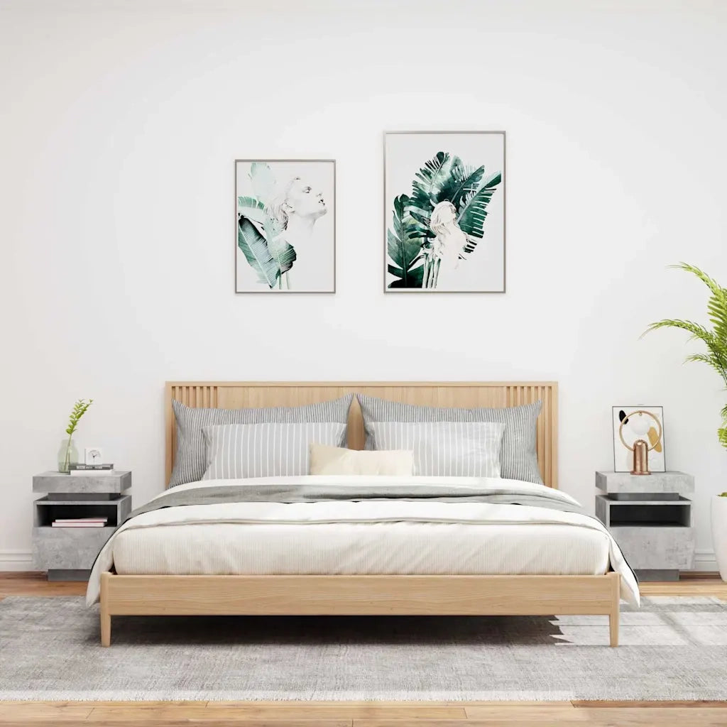 Set di 2 Comodini | Armadio da Notte | Mobiletto da notte con Luci LED Grigio Cemento 40x39x48,5 cm