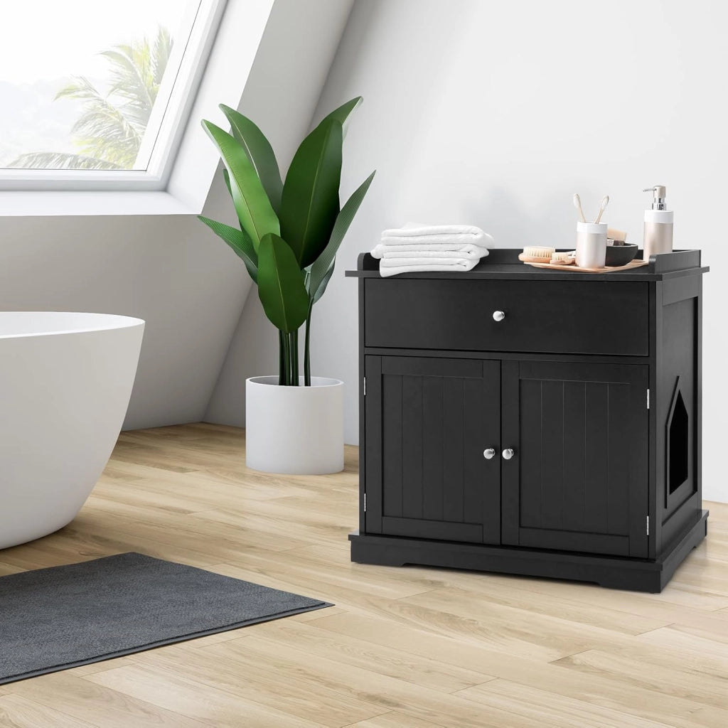 Mobile Lettiera per Gatti con 2 Ante e Cassetto, Armadio per Gatto in Legno con Ingresso Laterale, Grotta Rifugio Multiuso per Soggiorno, Camera da Letto e Ingresso, 76 x 53 x 74 cm (Nero)