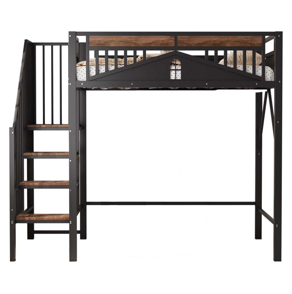 Letto a soppalco 90x200 cm con scala di sicurezza e vani portaoggetti in metallo nero