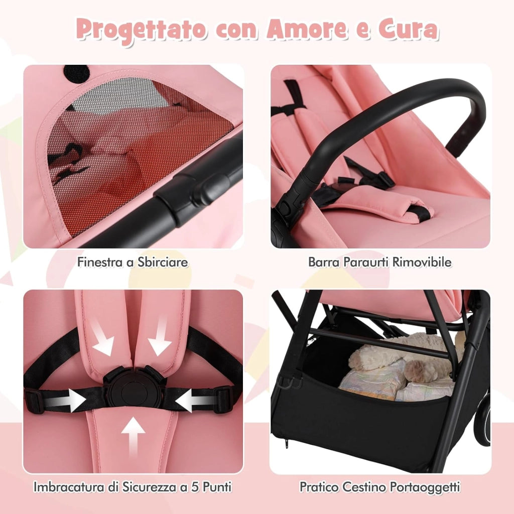Passeggino Leggero Pieghevole per Bambini, Passeggiono Compatto con Schienale e Cappotta Regolabile, Cinture di Sicurezza a 5 Punti, Ruote con Freno, Fino a 15 kg (Rosa)