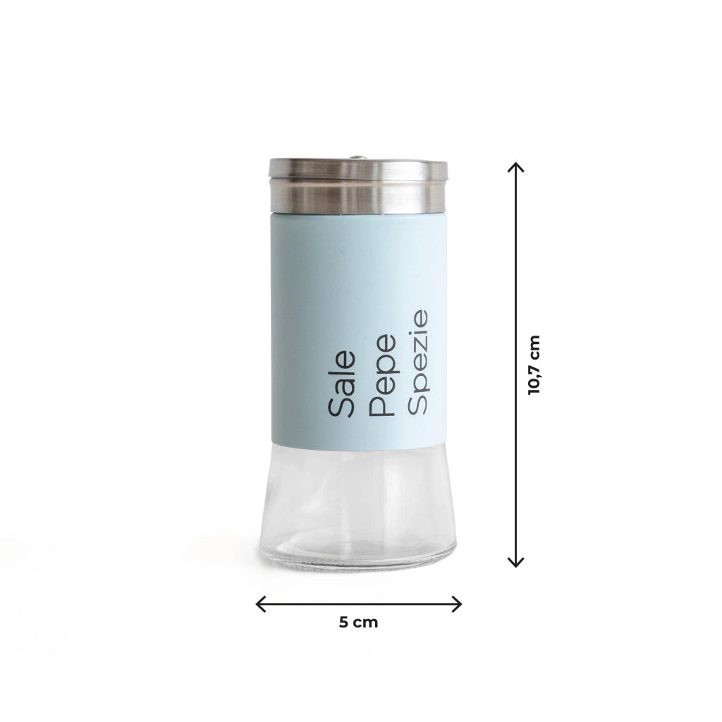 Set 5 Contenitori In Vetro Cucina Portaspezie 130 Ml Barattoli Moderni Sale Pepe Rotondi Moderni Tappo Girevole Acciaio Per Regolazione Con Moderne Scritte Certificati Contatto Alimentare