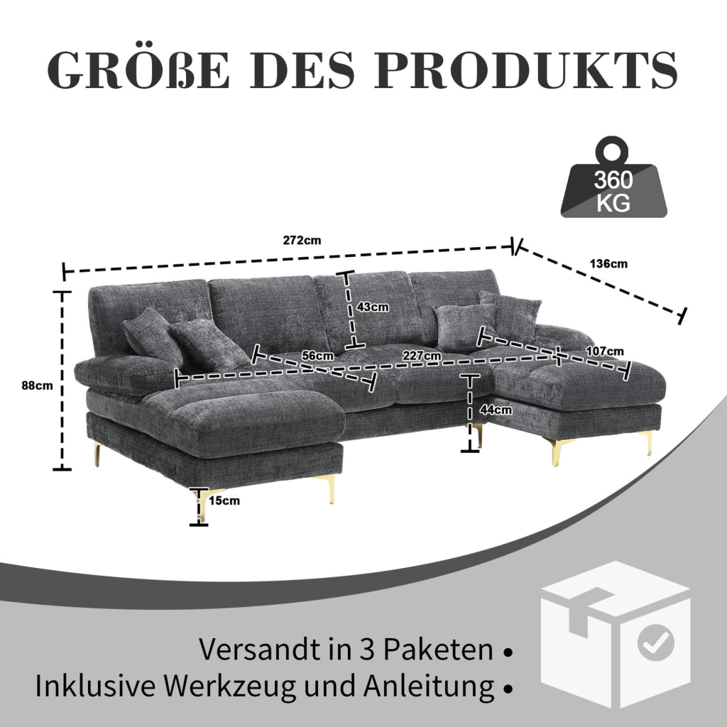 Divano modulare a U in ciniglia grigio con doppia chaise longue