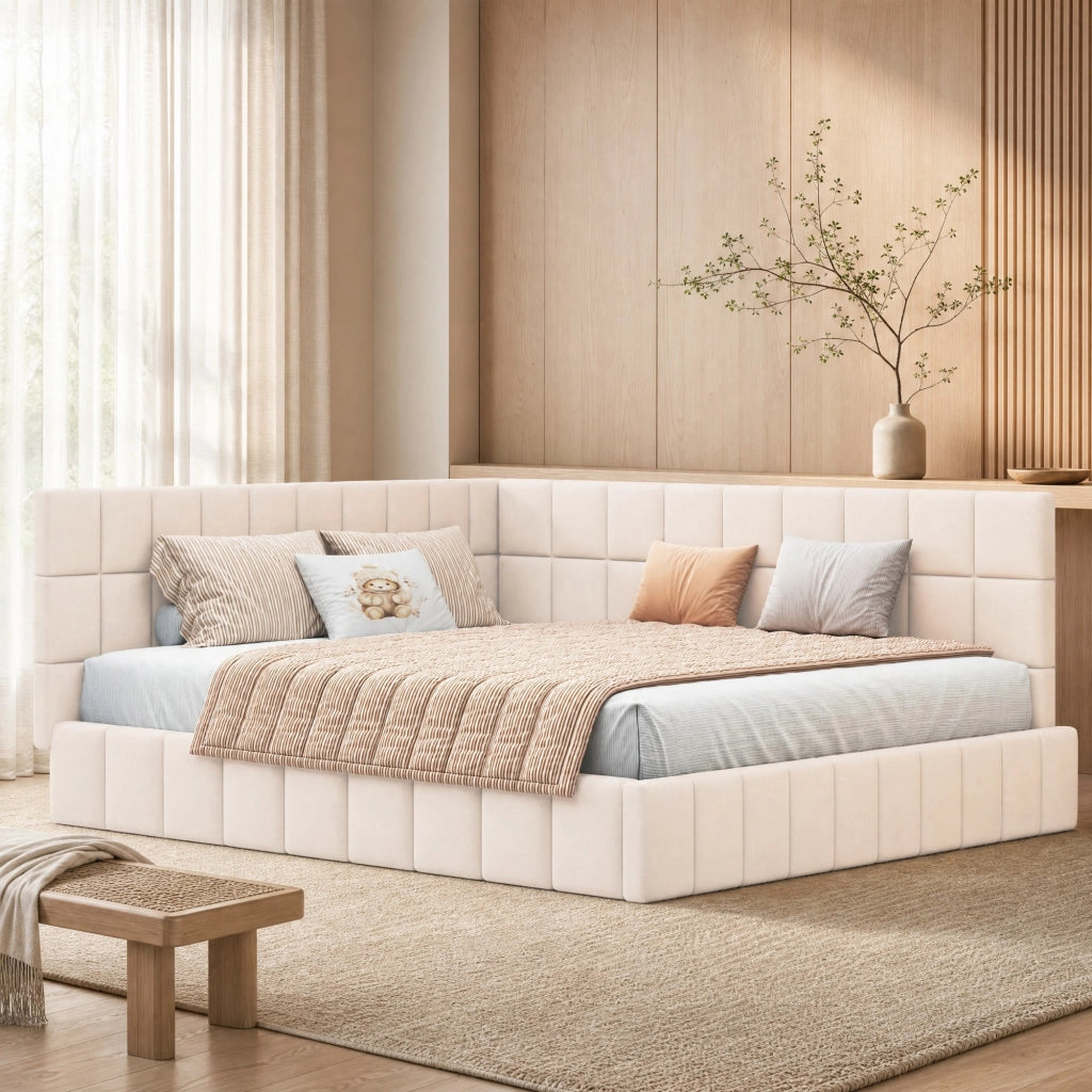 LETTO da giorno 160x200 cm in tessuto beige con rete a doghe