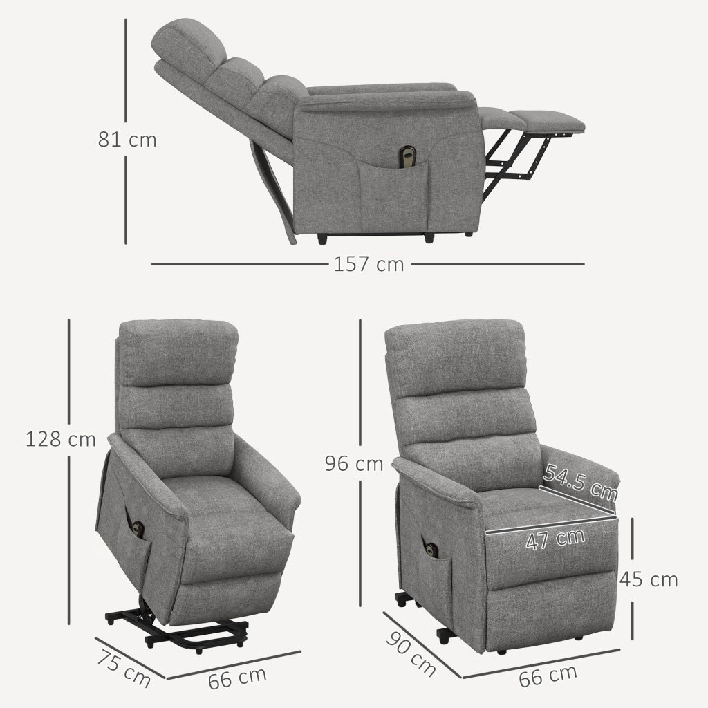 Poltrona relax elettrica con funzione alzapersone, reclinazione fino a 135°, tessuto effetto lino e tasca laterale