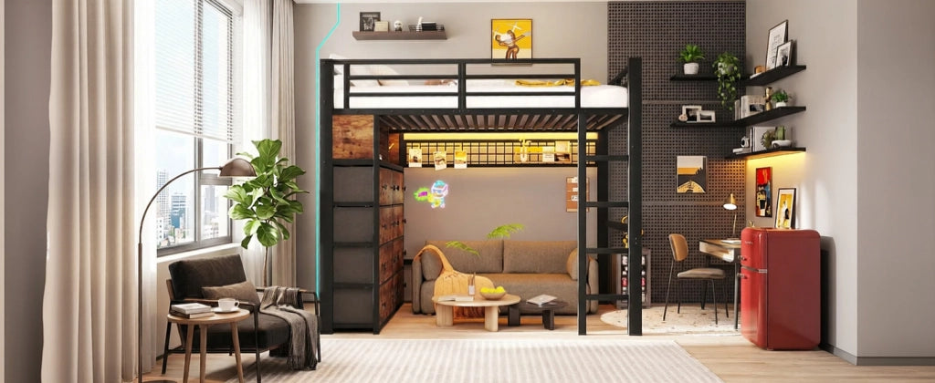 Letto a soppalco in metallo con 8 cassetti, LED e scaffali, 140x200 cm, nero
