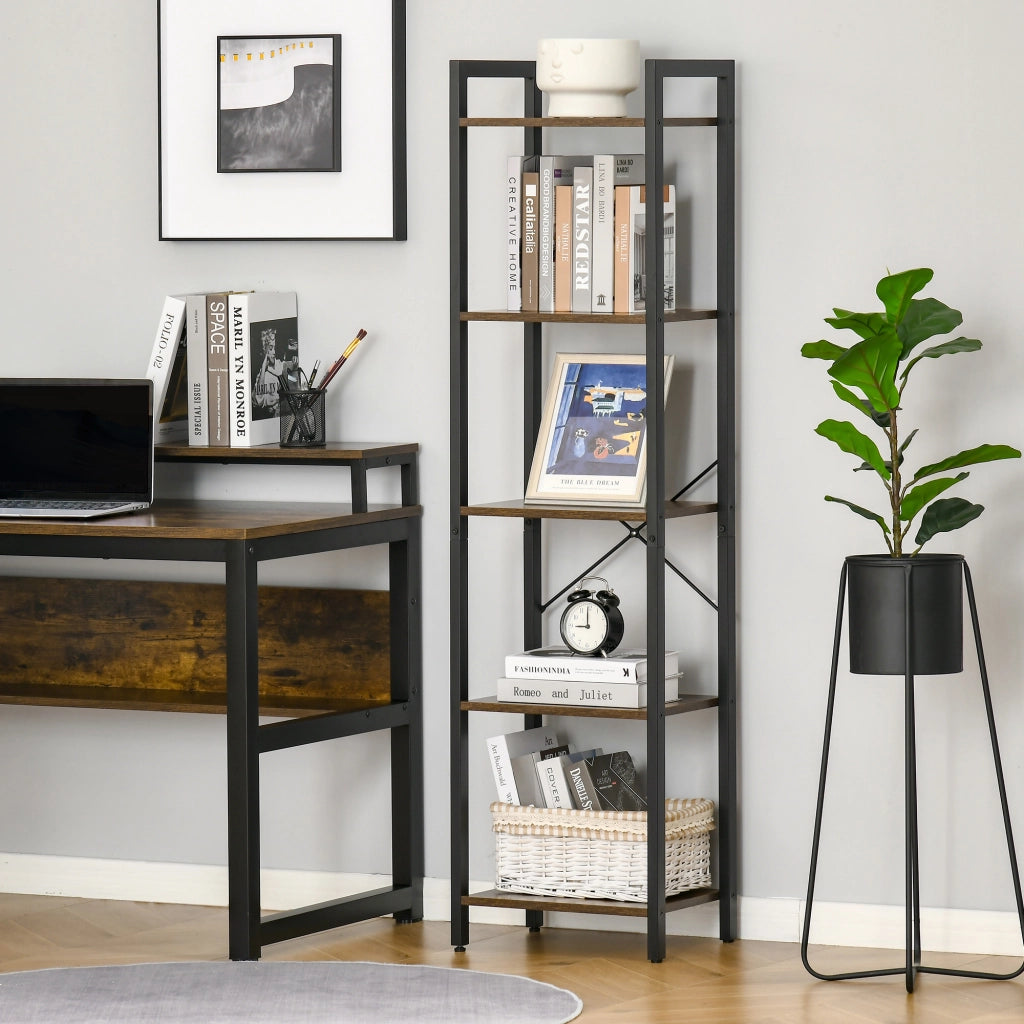 Libreria Stile Industriale a 5 Scaffali in Legno e Acciaio, 40x30x154cm, Marrone Rustico