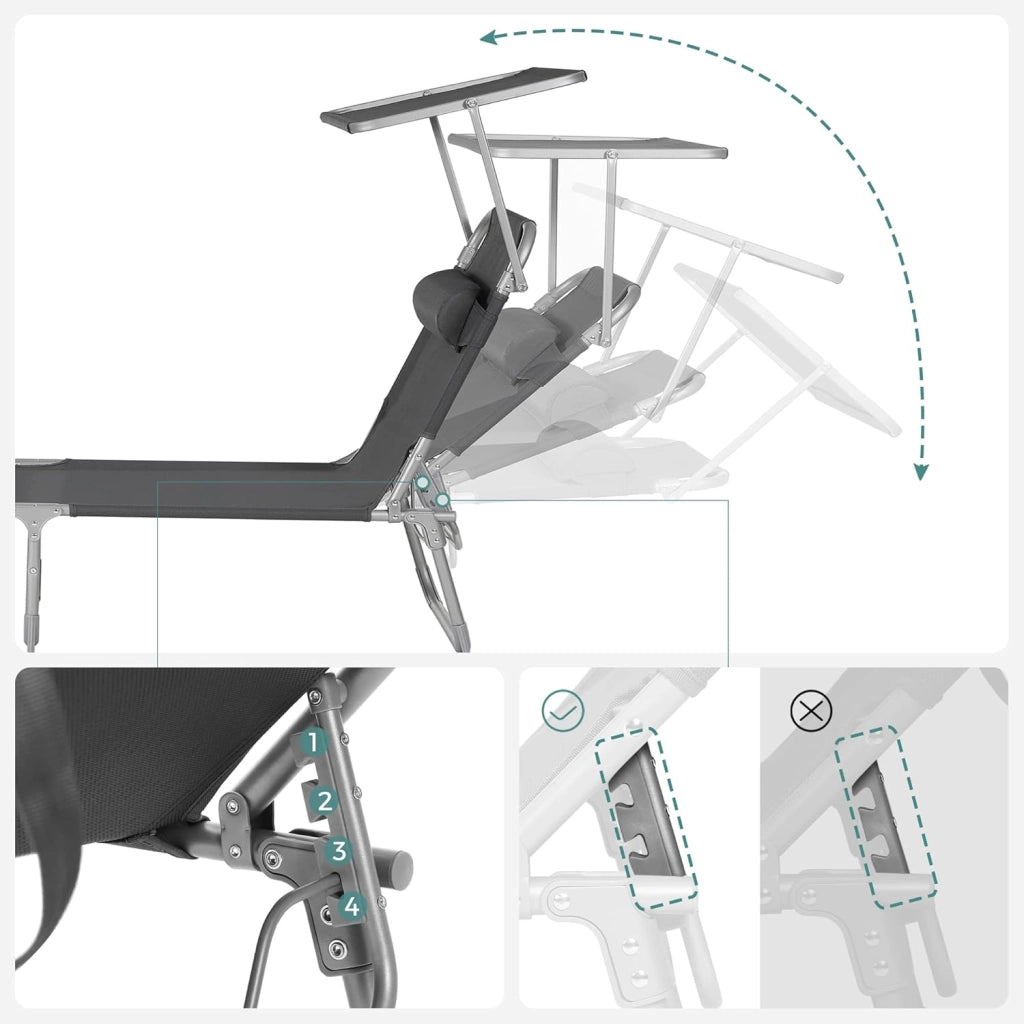 SONGMICS Sedia a sdraio, lettino per il relax, con materasso da 3 cm, cuscino, schienale e ombrellone reclinabili, pieghevole, 53 x 193 x 29,5 cm, carico 150 kg, per giardino, nero GCB193B01