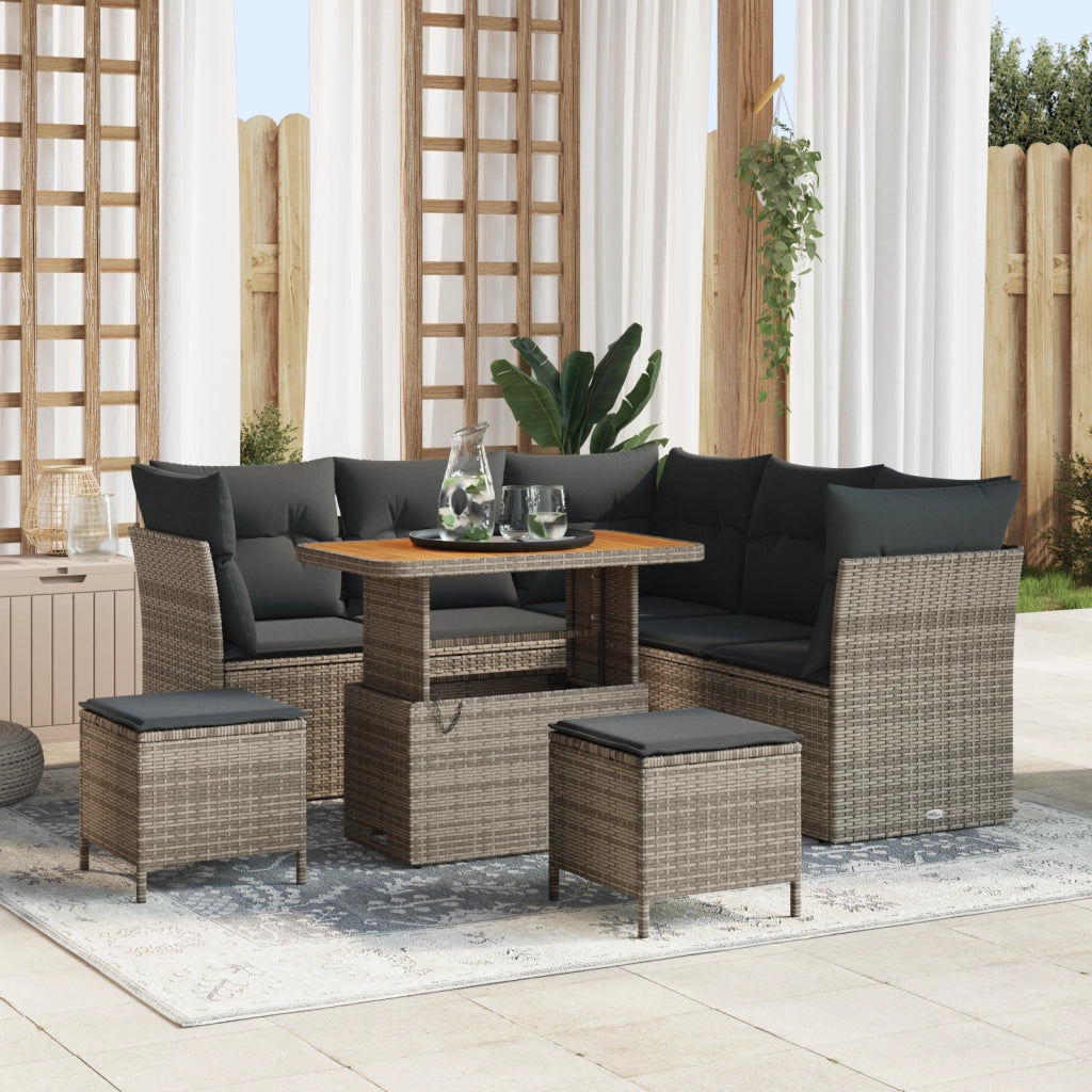 Set di Divani da Giardino 8 Pezzi con Cuscini Grigio in Rattan Polietilene e Acacia