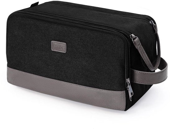 Toilette per uomini, borsa da viaggio, confezione con tela e pelle PU, set di strumenti da barba impermeabile per accessori da viaggio (nero, lucido)