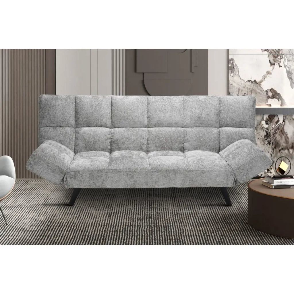 Divano letto SALVORA - Tessuto grigio - Materasso in schiuma integrato - Struttura in legno - Design compatto e pratico