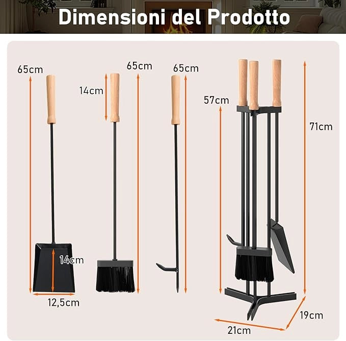 Attrezzi Camino a Legna da 4 Pezzi con Attizzatoio, Paletta, Scopa e Supporto Triangolare, Set Utensili Camino in Ferro Battuto con Manici in Legno di Faggio per Stufa e Focolare