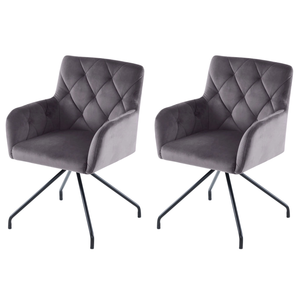 Set di 2 sedie imbottite in velluto grigio scuro con braccioli e gambe in metallo