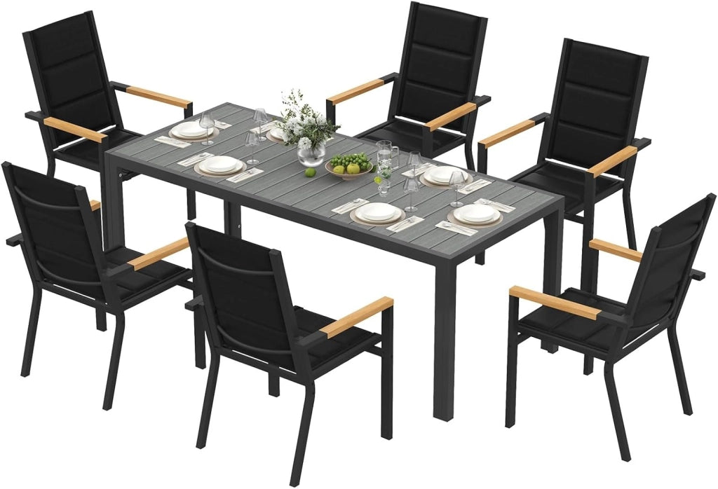 Set di Arredo da Giardino 8 Persone, Set di Tavolo 189 cm Design a Vena di Legno e 8 Sedie Impilabili da Esterno in Alluminio, Ideale per Cortile, Terrazza o Ai Margini della Piscina, Grigio