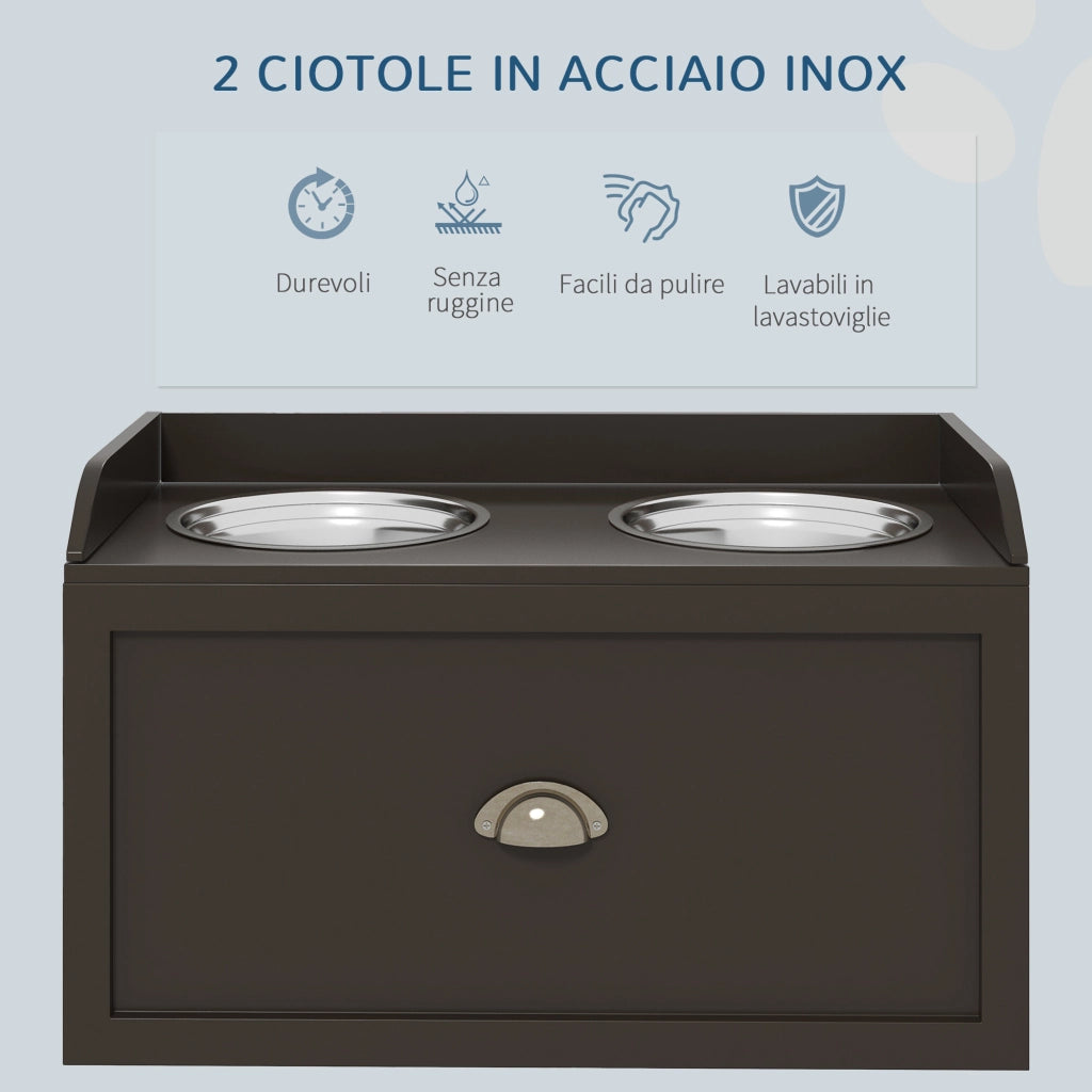 Ciotola per Cani Rialzata con Cassetto ¨C zephmum ¨C Acciaio Inox e Legno, 60x30x36cm, Marrone
