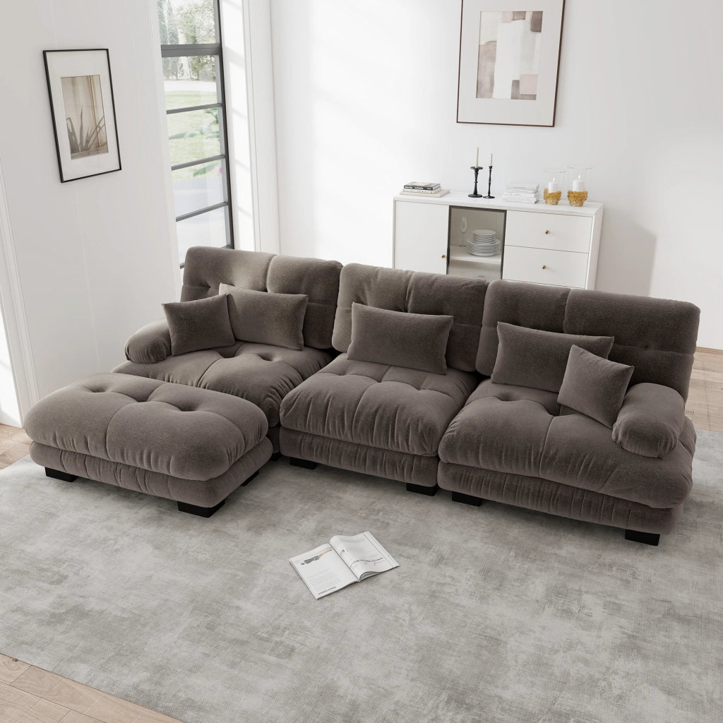 Divano angolare modulare in chenille con pouf seduta profonda schienale ergonomico e cuscini per soggiorno marrone