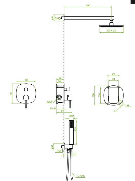 Set doccia – oro rosa , soffione, miscelatore incasso e braccio doccia