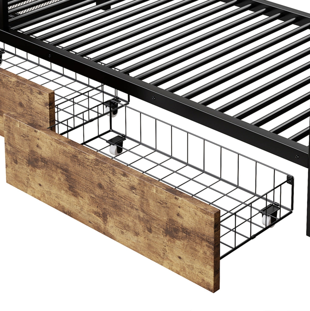 Letto a castello ULEVR 90x200 cm con LED controllabile tramite app, 2 cassetti e ripiani, nero