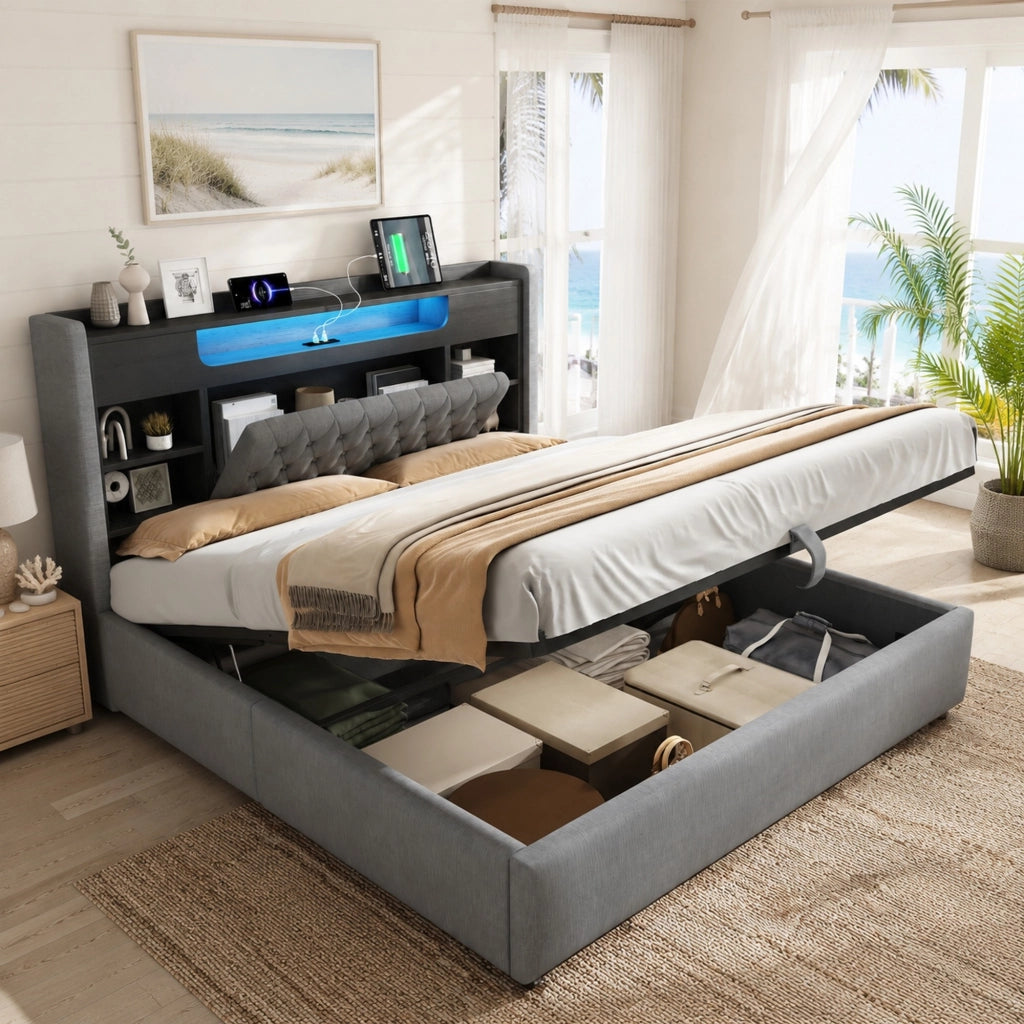 Letto imbottito 180x200 cm con contenitore idraulico, LED e prese di ricarica