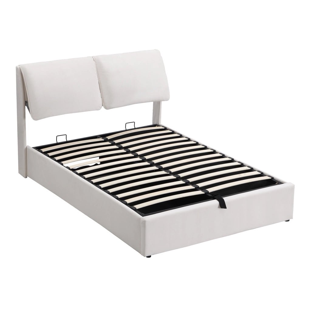 Letto imbottito 140x190 cm in velluto beige con contenitore; 3 cassetti e testiera regolabile