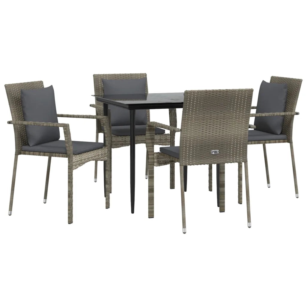 Set da Pranzo Giardino 5pz | Set Salotto da Giardino Nero e Grigio con Cuscini Polyrattan