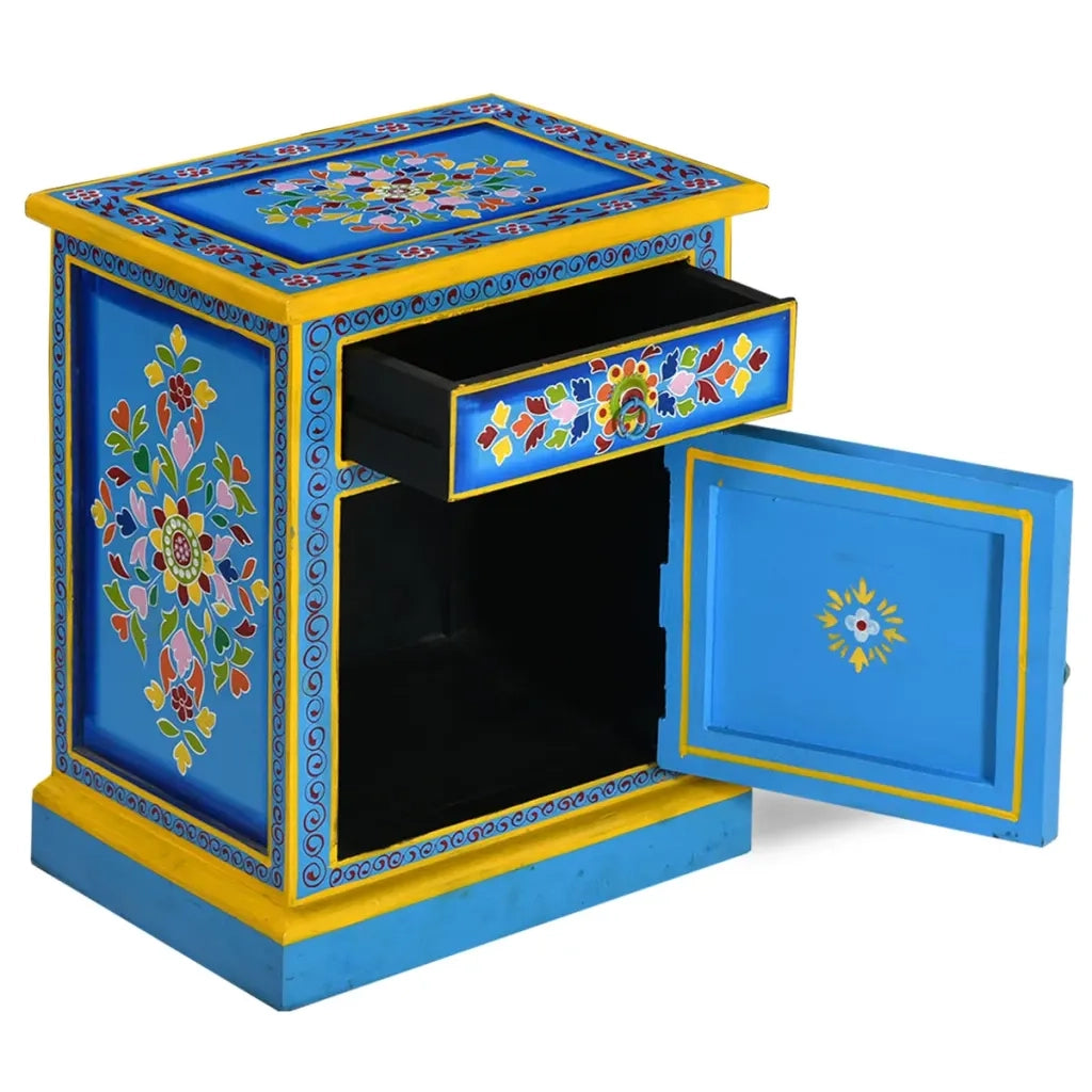Comodino in Legno Massello di Mango Turchese Dipinto a Mano 244834