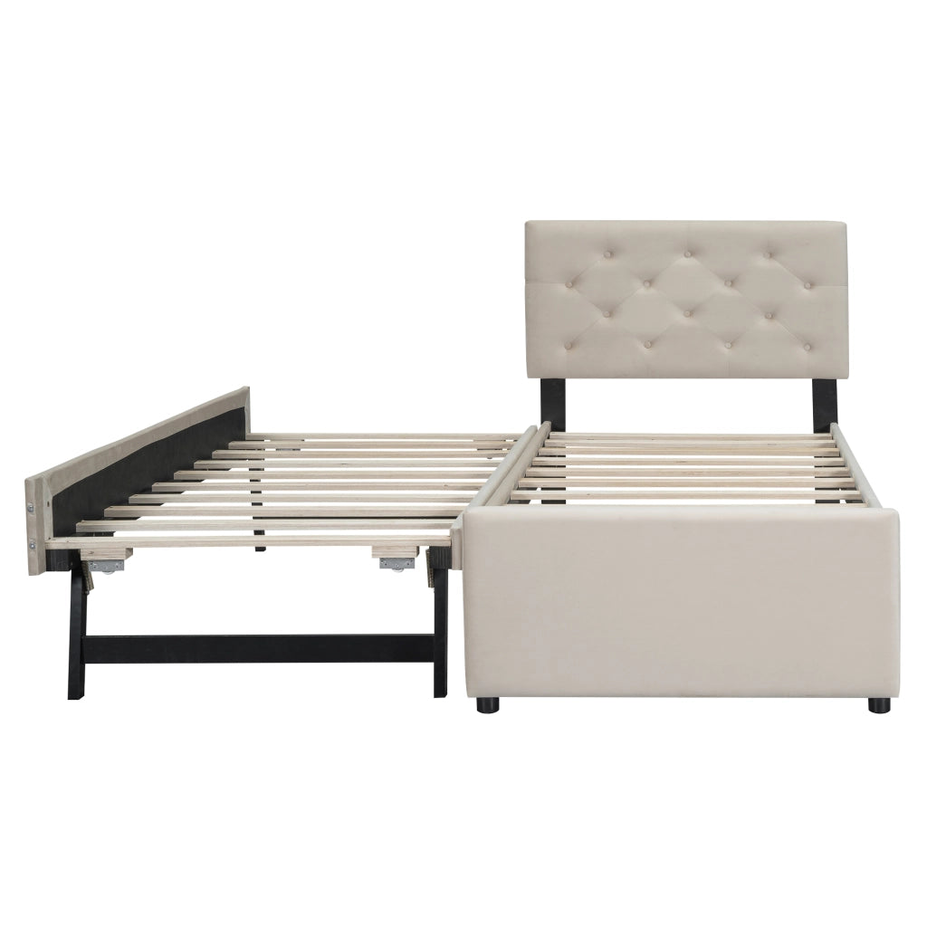 OKWISH Letto Bambino 90×200 cm, Letto Singolo con Letto Estraibile, Testiera Imbottita con Bottoni e Rivestimento Morbido, senza Materasso, Beige