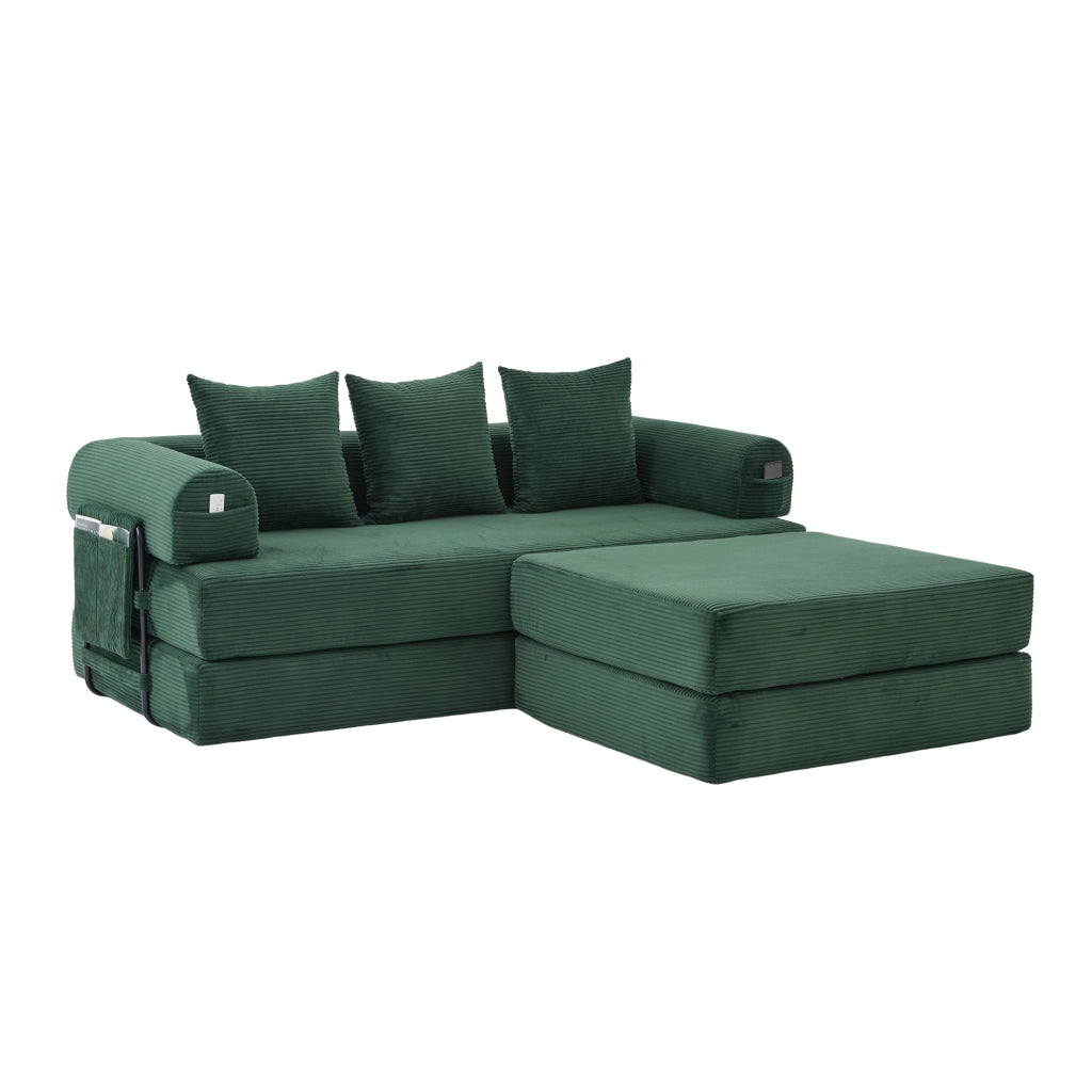 Divano modulare in corduroy con pouf, struttura in metallo, tasca laterale e 3 cuscini – Verde smeraldo